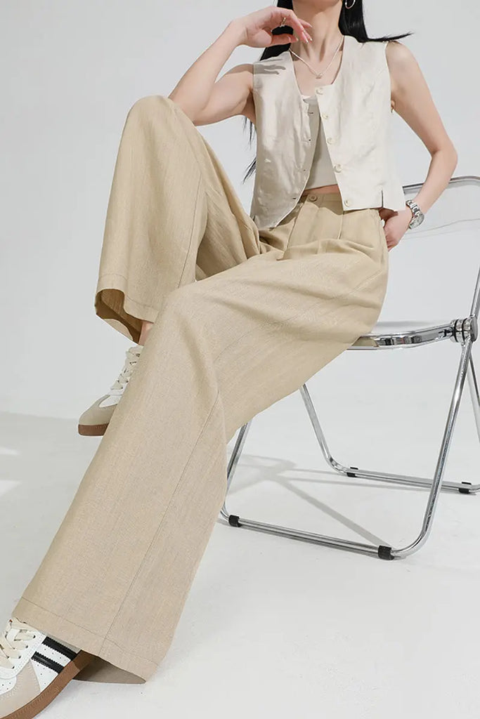 European Linen Pleated Wide-Leg Drape Pants  Fibflx