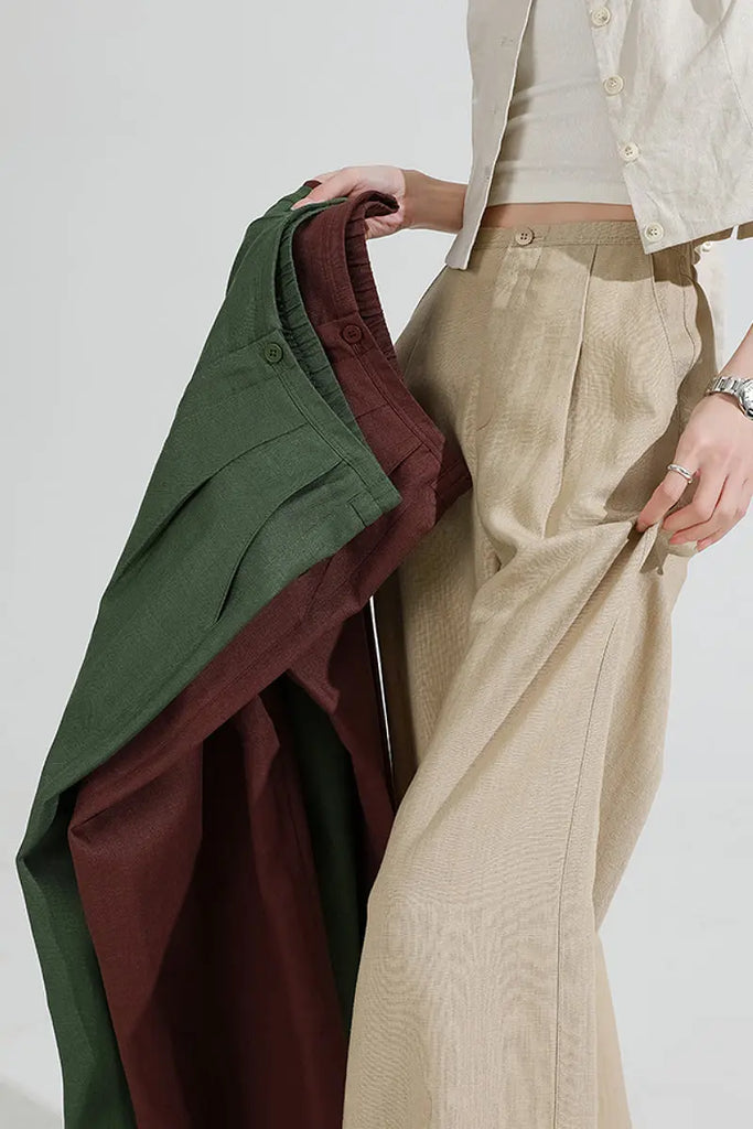 European Linen Pleated Wide-Leg Drape Pants  Fibflx