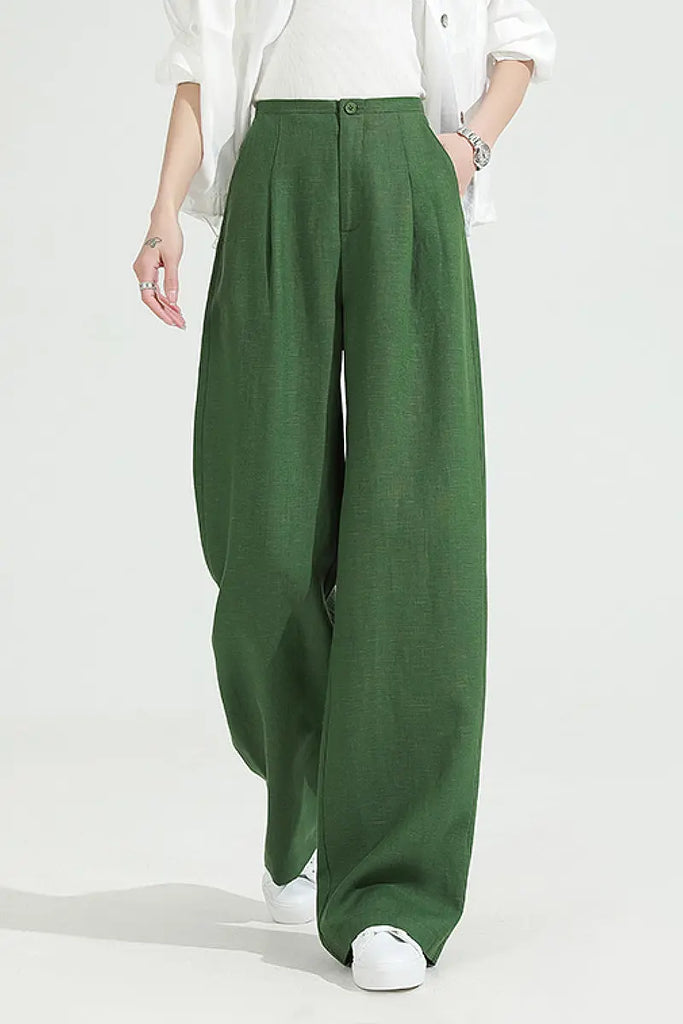 European Linen Pleated Wide-Leg Drape Pants L / Prairie Green / 75% Lyocell 25% European Linen Fibflx