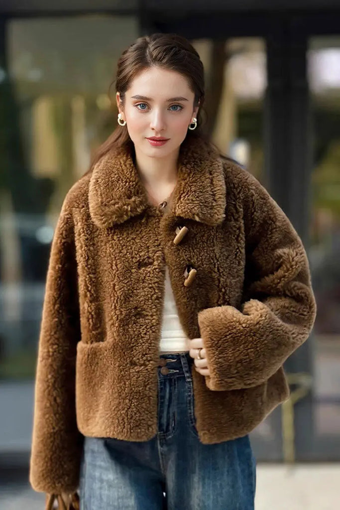 Fibflx Women's Faux Shearling Teddy Wool Toggle Jacket