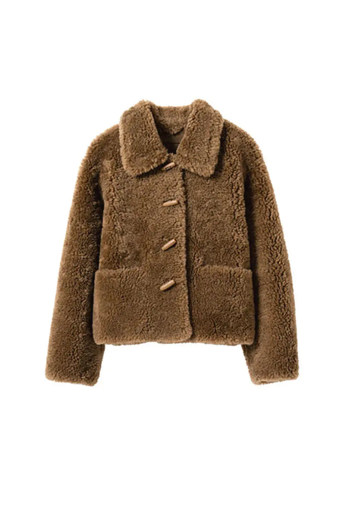 Fibflx Women's Faux Shearling Teddy Wool Toggle Jacket