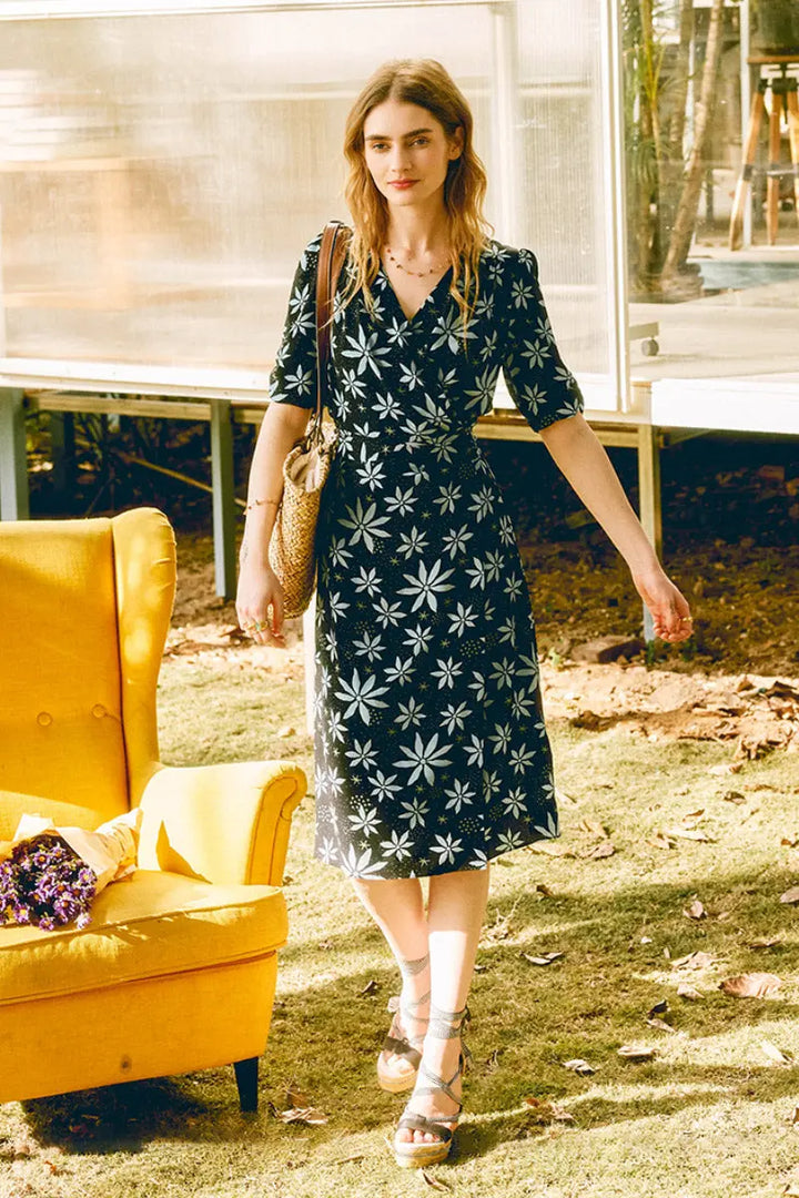 Floral Silk Double Crepe Wrap Midi Dress With Elbow Sleeves S / Black / 100% Mulberry Silk