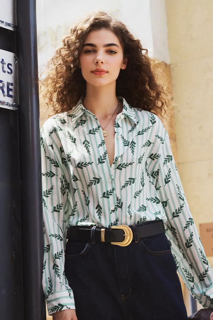 Floral Striped Silk Double Crepe Button-Up Shirt  Fibflx