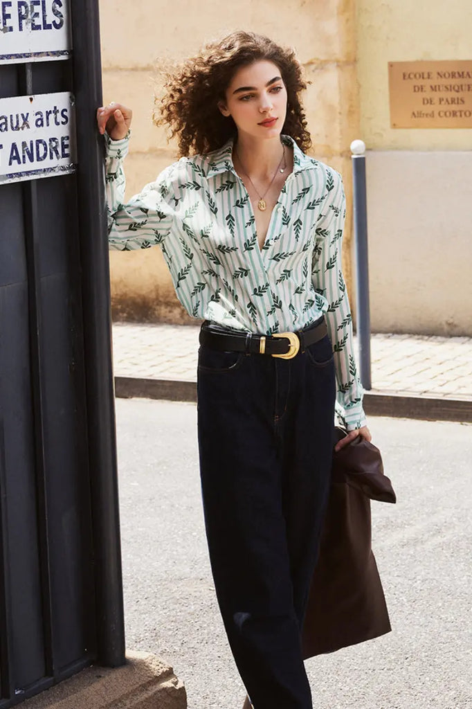 Floral Striped Silk Double Crepe Button-Up Shirt  Fibflx