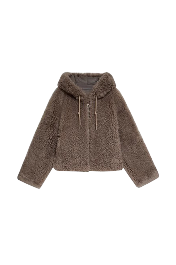 Fluffy Crop Shearling Teddy Coat with Hood Fibflx