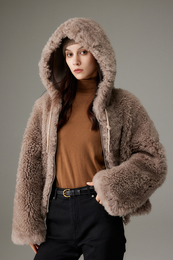 Fluffy Crop Shearling Teddy Coat with Hood Fibflx