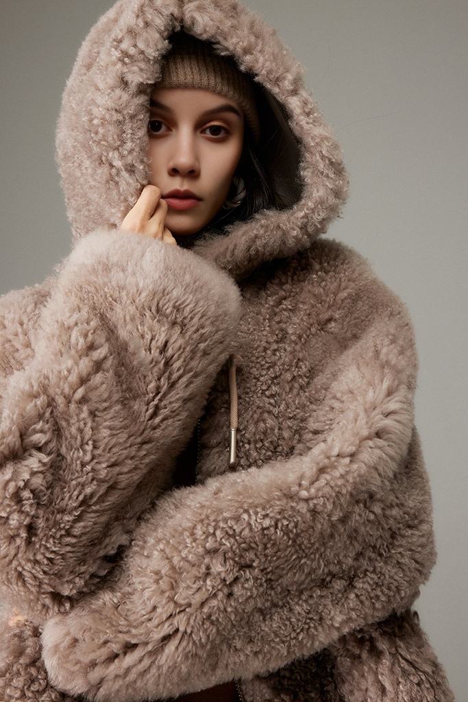 Fluffy Crop Shearling Teddy Coat with Hood Fibflx