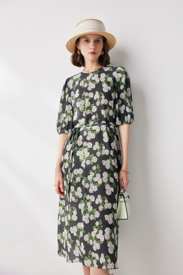 Fibflx Women's Frech Chic Silk Floral Midi Dress