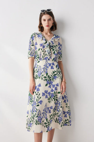 Fibflx Women's French Chic Silk Floral Maxi Dress