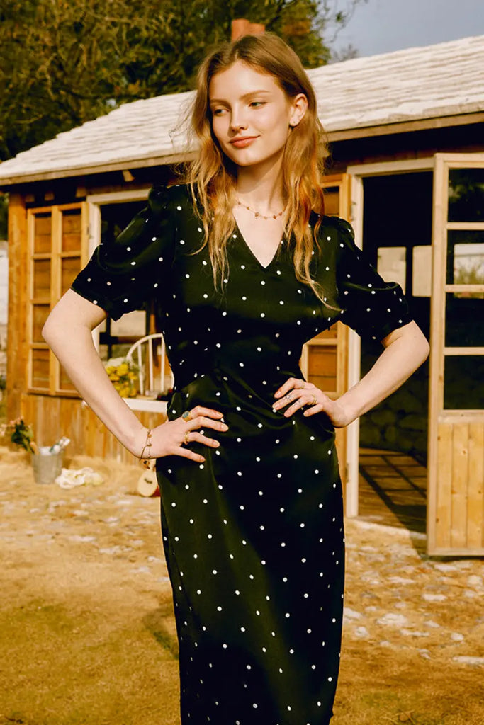 French-Inspired Silk Charmeuse Polka Dot Midi Dress in Black Fibflx