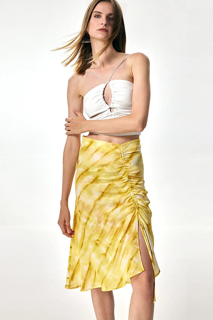 Fibflx Women's French Inspired Silk Drawstring Printed Midi Skirt with Side Slit