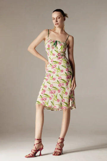 Fibflx Women's French Style Floral Print Mulberry Silk Wrap Dress