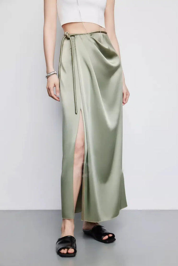 Fibflx Women's French Style High Waist Acetate Satin Wrap Skirt with Slit