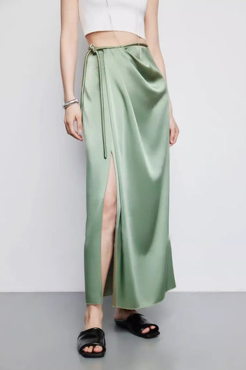 French Style High Waist Wrap Slit Skirt With Acetate Satin Fibflx