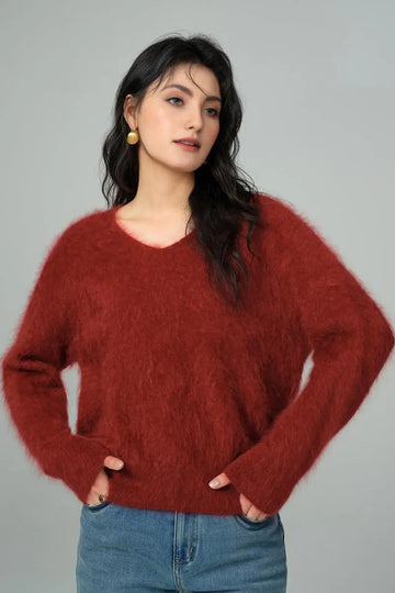 Fibflx Women's Fuzzy 100 Cashmere V-Neck Sweater