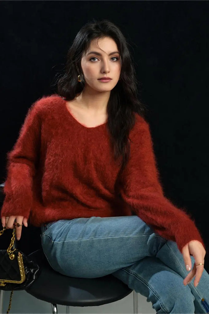 Fibflx Women's Fuzzy 100 Cashmere V-Neck Sweater