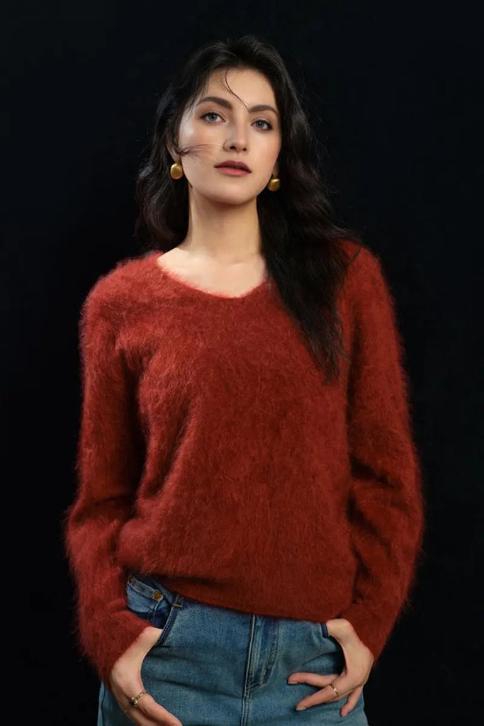 Fibflx Women's Fuzzy 100 Cashmere V-Neck Sweater