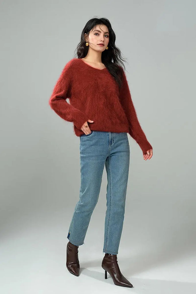 Fibflx Women's Fuzzy 100 Cashmere V-Neck Sweater