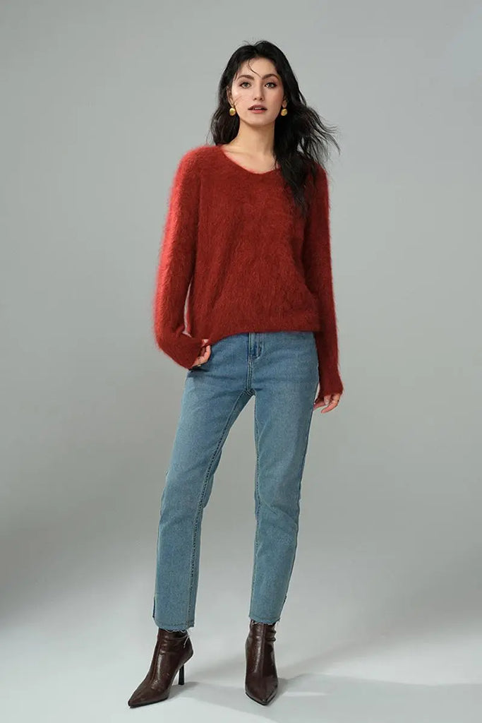 Fibflx Women's Fuzzy 100 Cashmere V-Neck Sweater