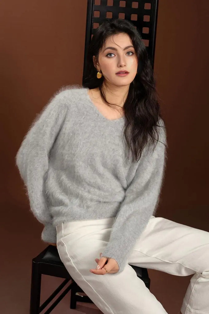 Fibflx Women's Fuzzy 100 Cashmere V-Neck Sweater