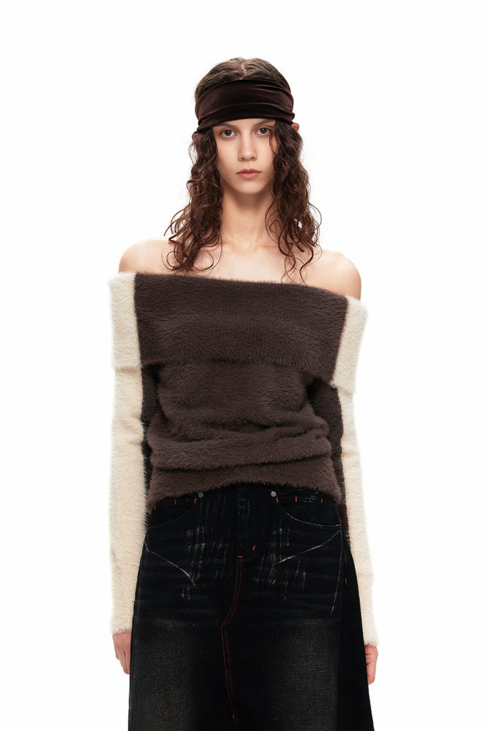 Fibflx Women's Fuzzy Mimic Mink Colorblock Off The Shoulder Sweater