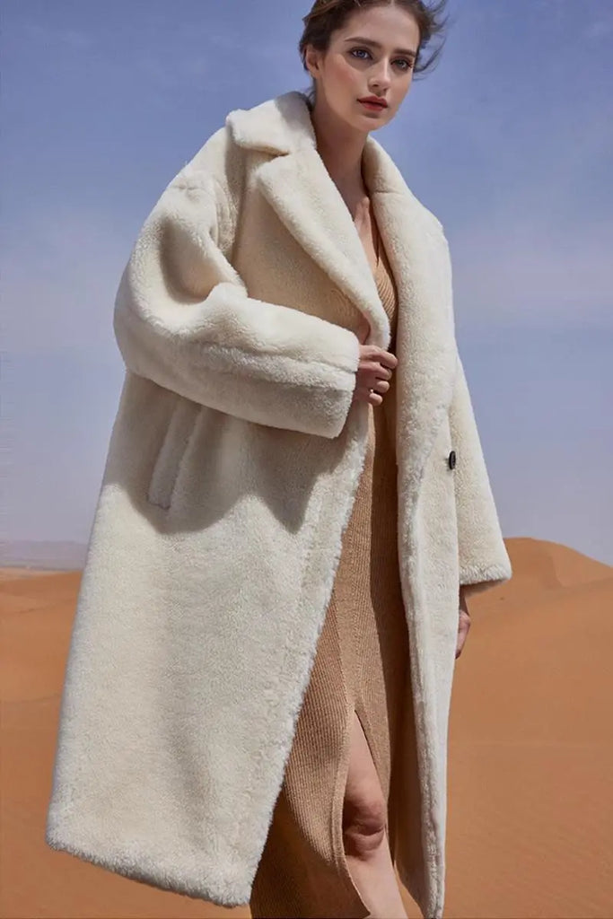 Fibflx Women's Genuine Long Teddy Coat with Lapel Collar