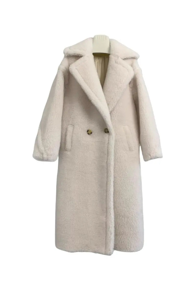 Fibflx Women's Genuine Long Teddy Coat with Lapel Collar