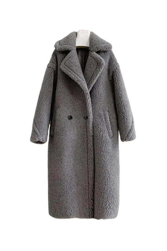 Fibflx Women's Genuine Long Teddy Coat with Lapel Collar