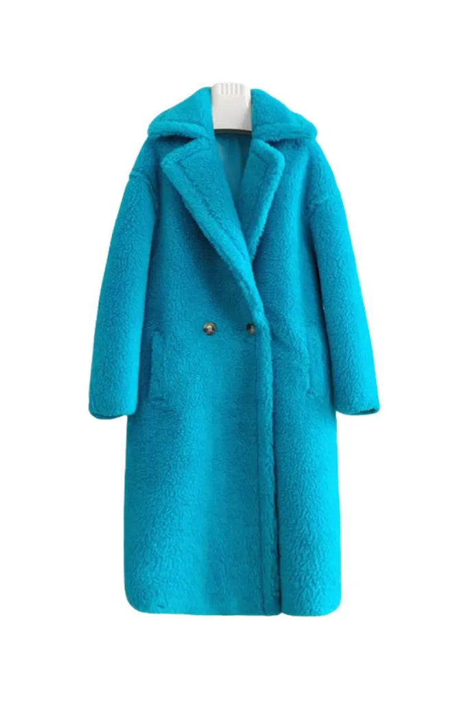 Fibflx Women's Genuine Long Teddy Coat with Lapel Collar