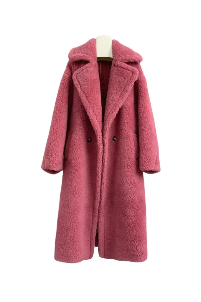 Fibflx Women's Genuine Long Teddy Coat with Lapel Collar