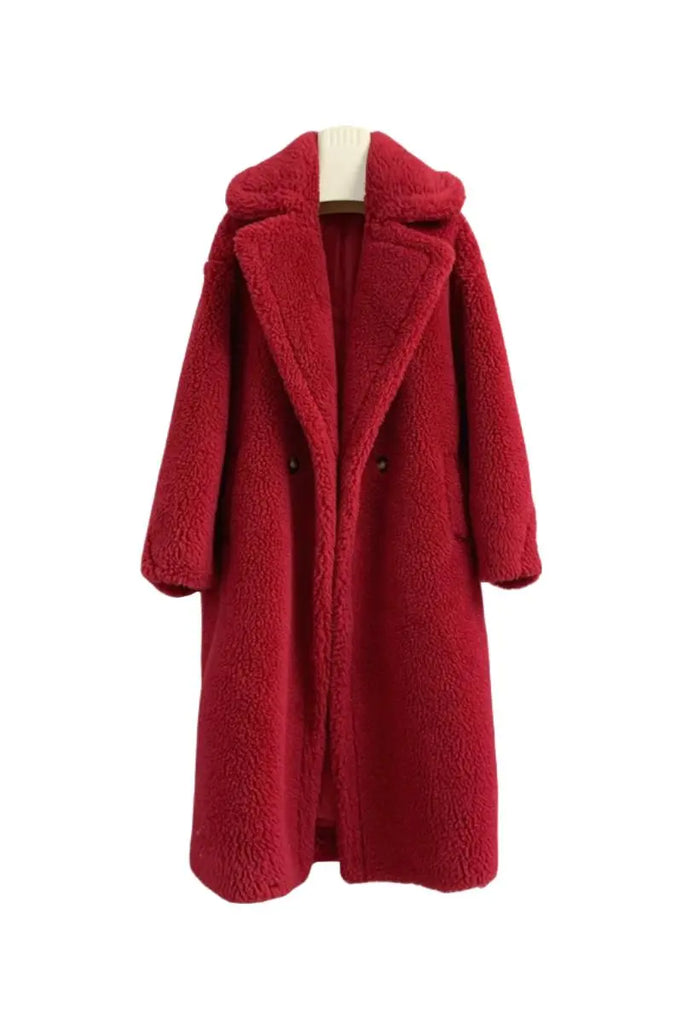 Fibflx Women's Genuine Long Teddy Coat with Lapel Collar