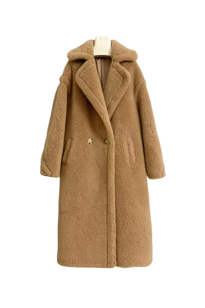 Fibflx Women's Genuine Long Teddy Coat with Lapel Collar