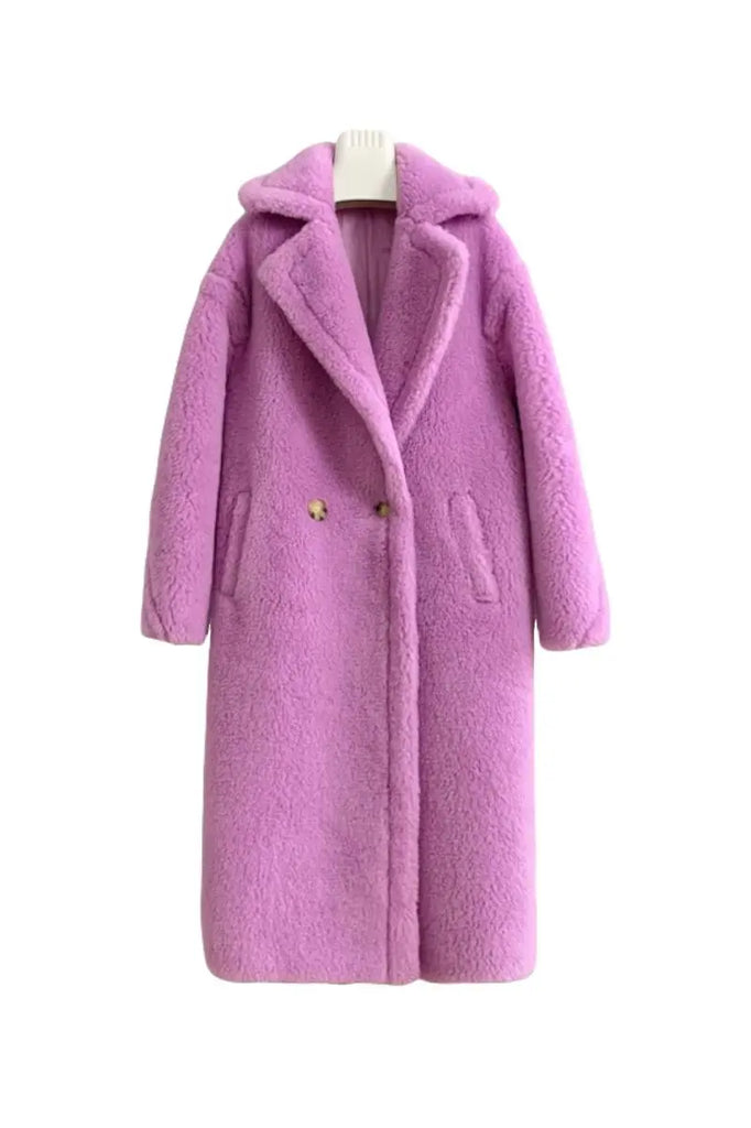 Fibflx Women's Genuine Long Teddy Coat with Lapel Collar