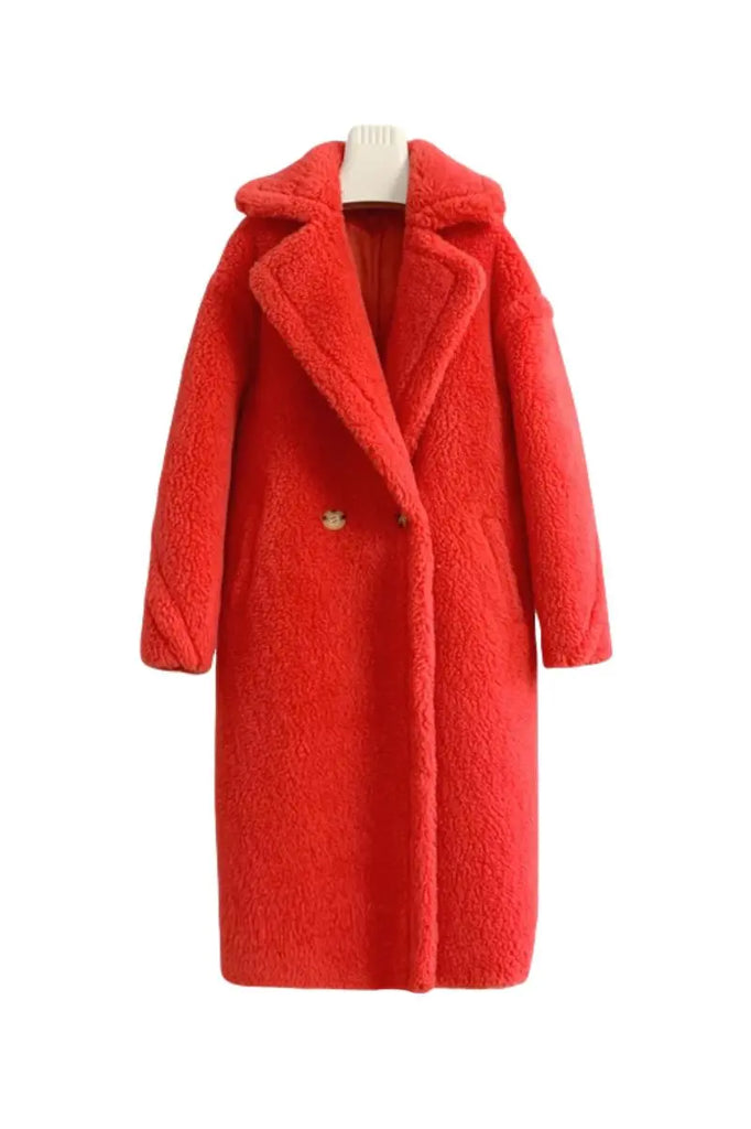 Fibflx Women's Genuine Long Teddy Coat with Lapel Collar