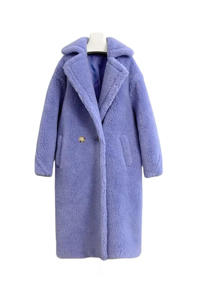 Fibflx Women's Genuine Long Teddy Coat with Lapel Collar