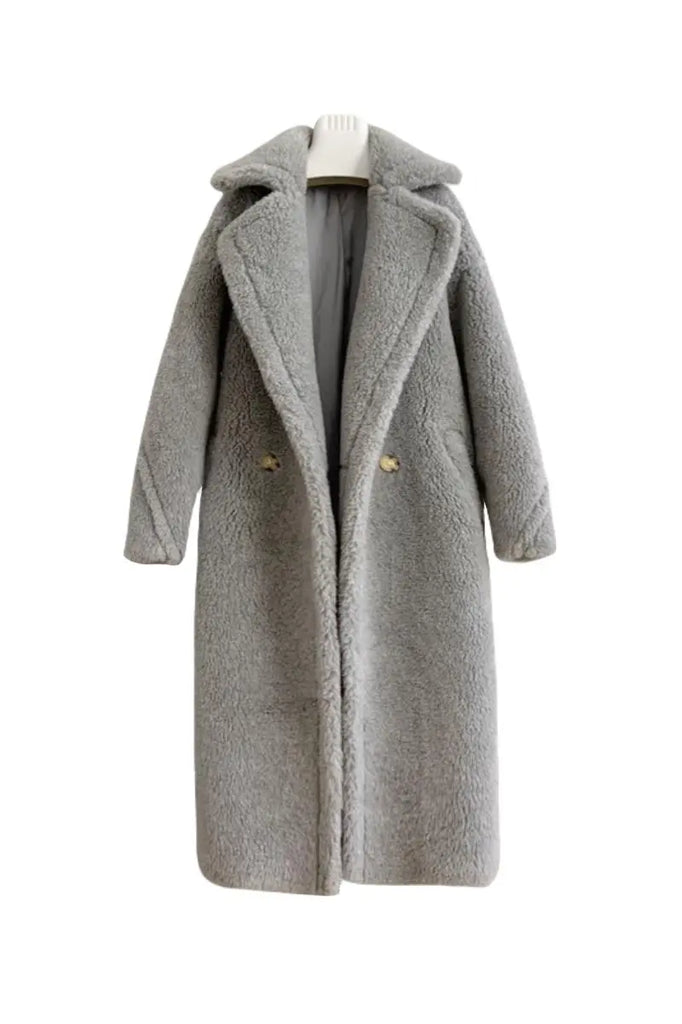 Fibflx Women's Genuine Long Teddy Coat with Lapel Collar