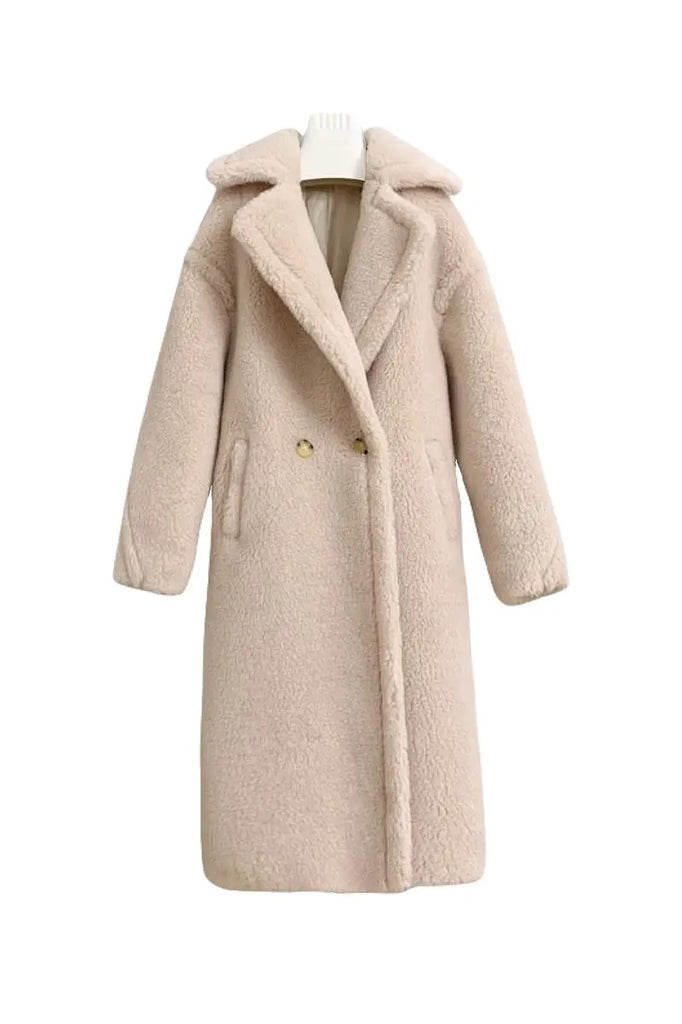 Fibflx Women's Genuine Long Teddy Coat with Lapel Collar