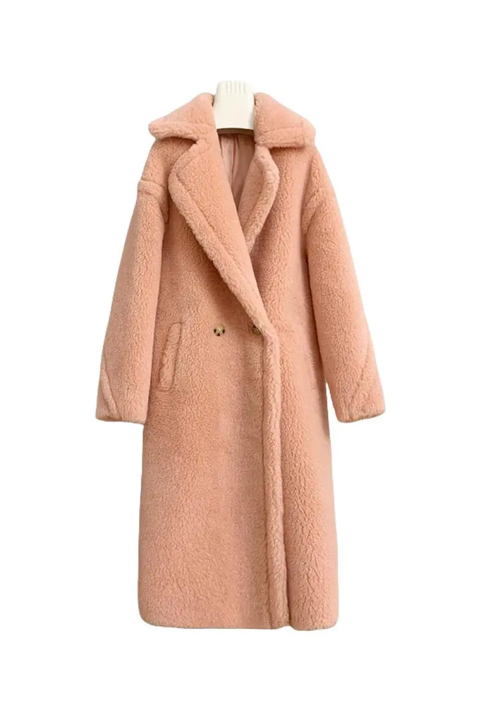 Fibflx Women's Genuine Long Teddy Coat with Lapel Collar