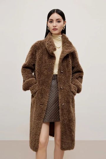 Genuine Shearling & Faux Suede Long Coat with Stand Collar Fibflx