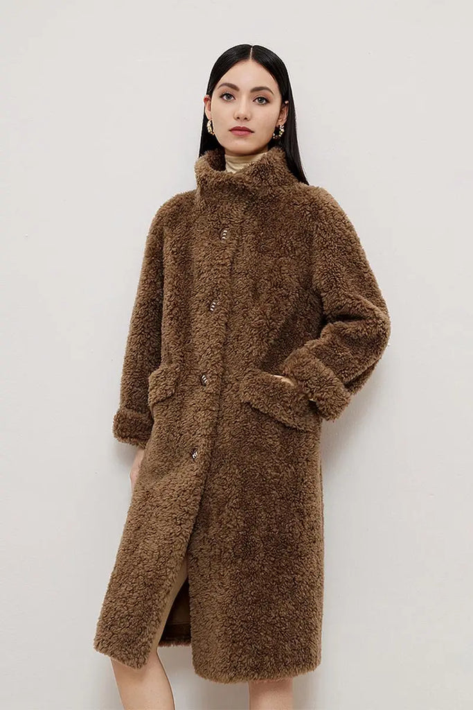 Genuine Shearling & Faux Suede Long Coat with Stand Collar Fibflx