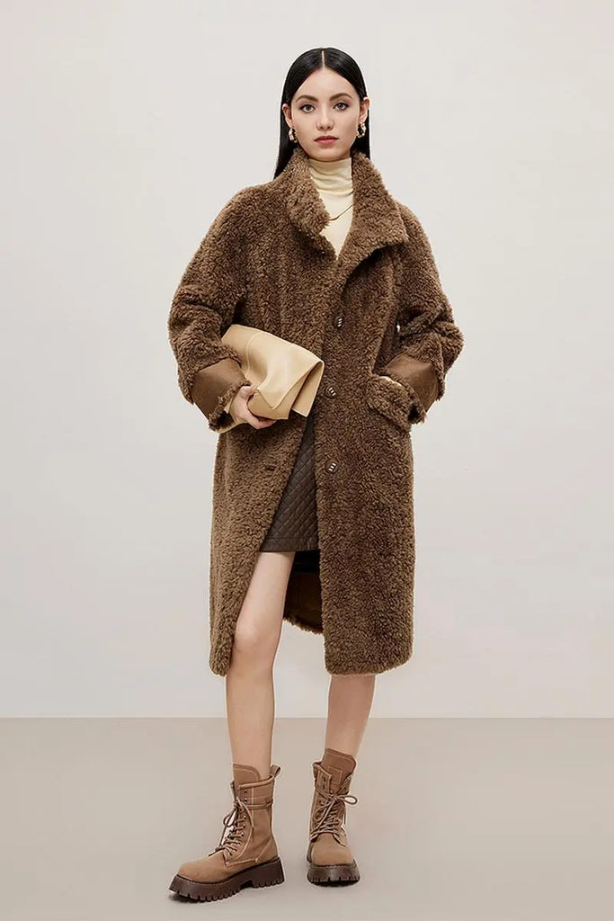 Genuine Shearling & Faux Suede Long Coat with Stand Collar Fibflx