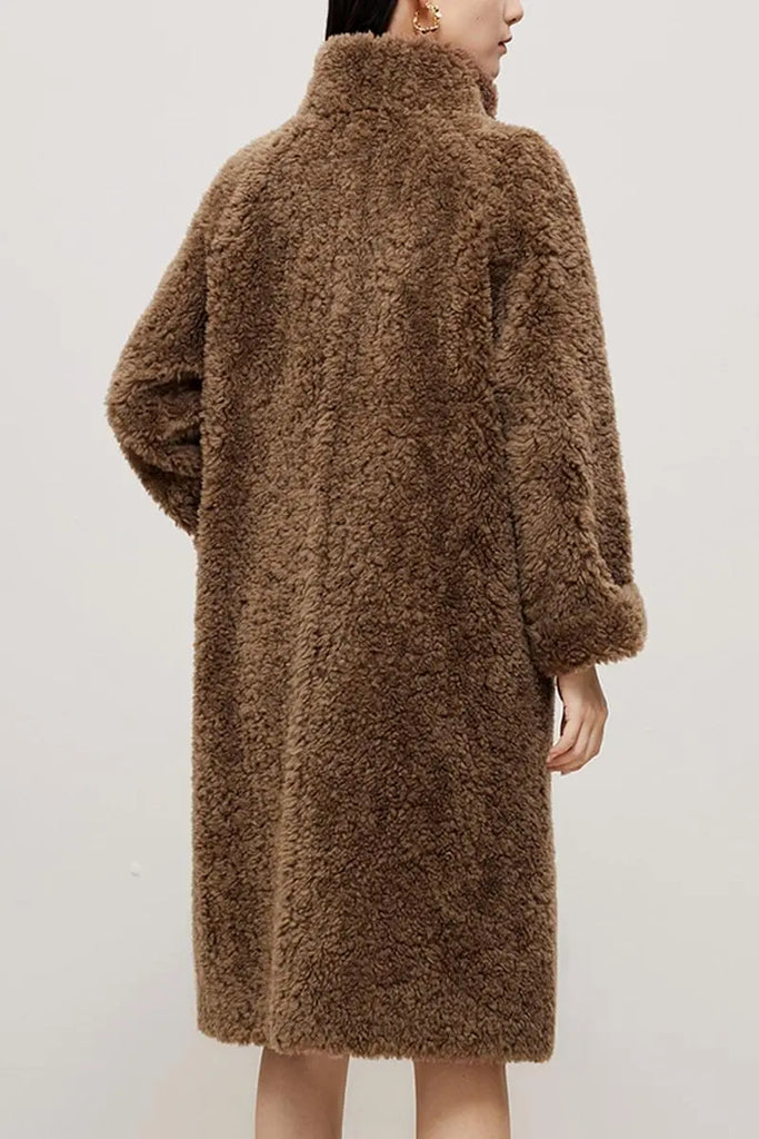 Genuine Shearling & Faux Suede Long Coat with Stand Collar Fibflx