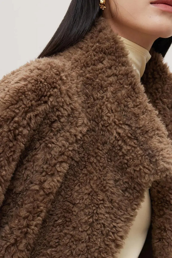 Genuine Shearling & Faux Suede Long Coat with Stand Collar Fibflx