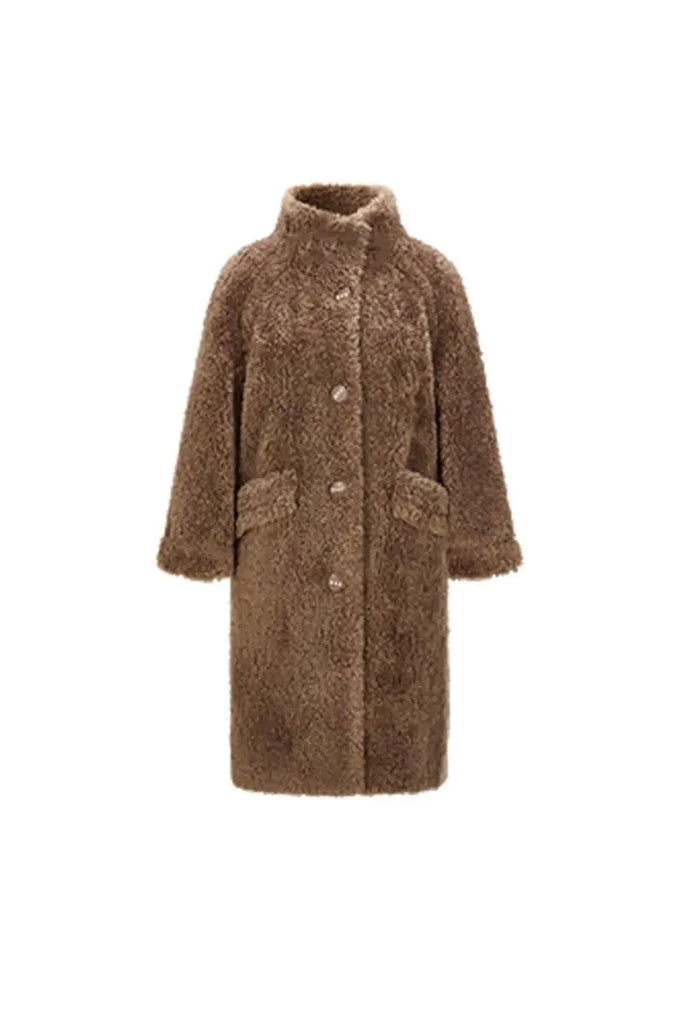Genuine Shearling & Faux Suede Long Coat with Stand Collar Fibflx