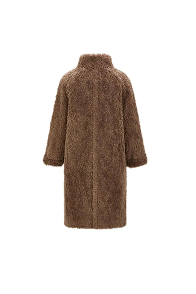 Genuine Shearling & Faux Suede Long Coat with Stand Collar Fibflx