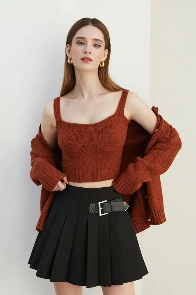 Fibflx Women's Gold Button Rib-Knit Crewneck Pocket Cardigan