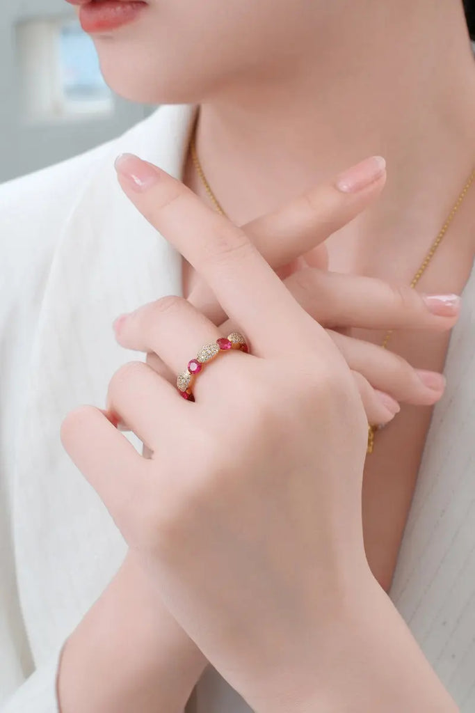 Gold Plated Sterling Silver Ruby & Moissanite Band Ring Fibflx