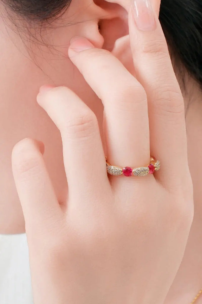 Gold Plated Sterling Silver Ruby & Moissanite Band Ring Fibflx