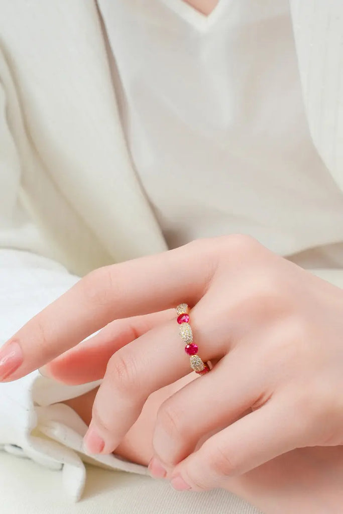 Gold Plated Sterling Silver Ruby & Moissanite Band Ring Fibflx