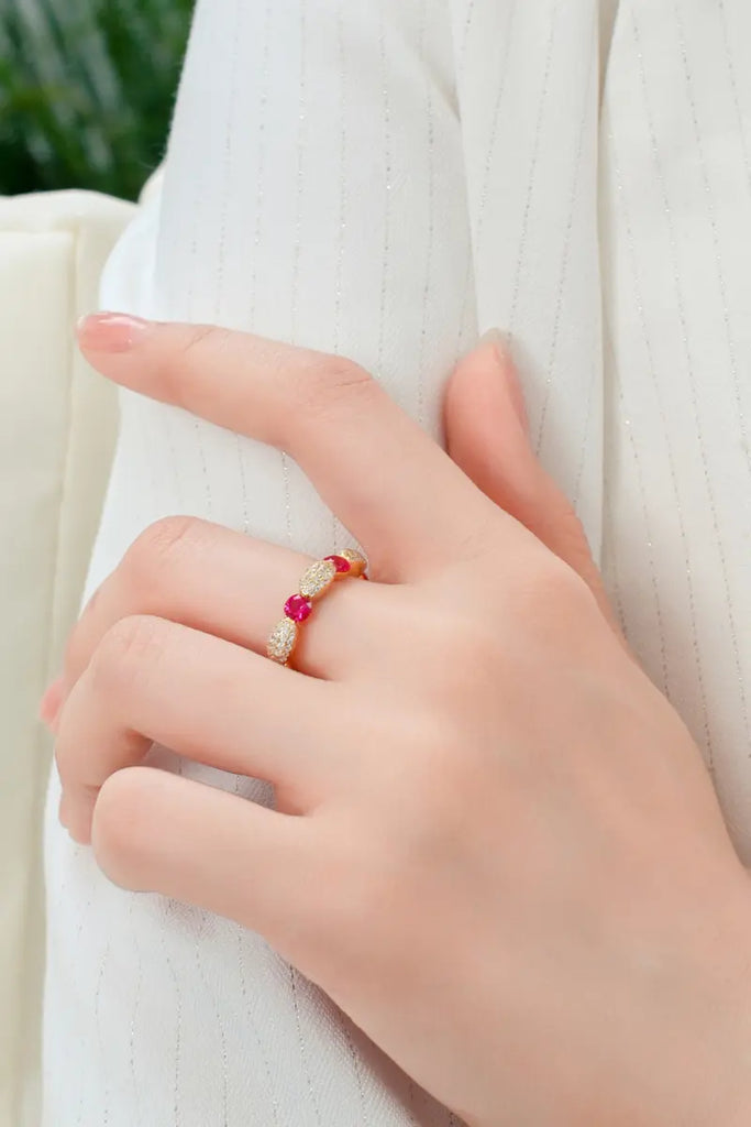 Gold Plated Sterling Silver Ruby & Moissanite Band Ring Fibflx